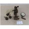 Image 1 : Vintage Hand Crank Stone Grinder , Cast Iron Wheel Castors , Steam Gauge 