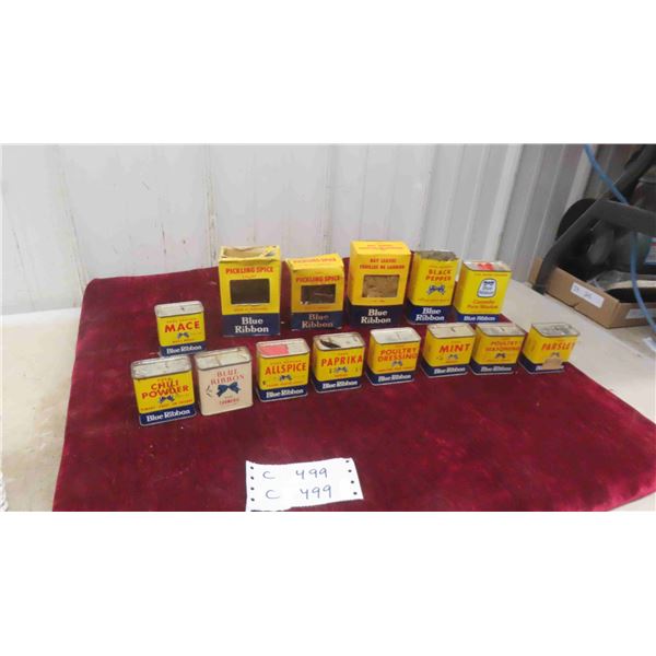 14 Blue Ribbon Spice Tins - Cardboard and Metal  