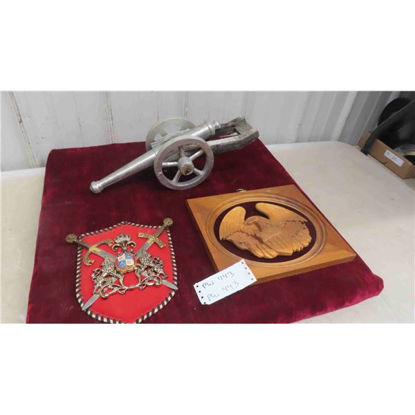 Wood/Metal Canon Display 17'' L , Coat of Arms Display