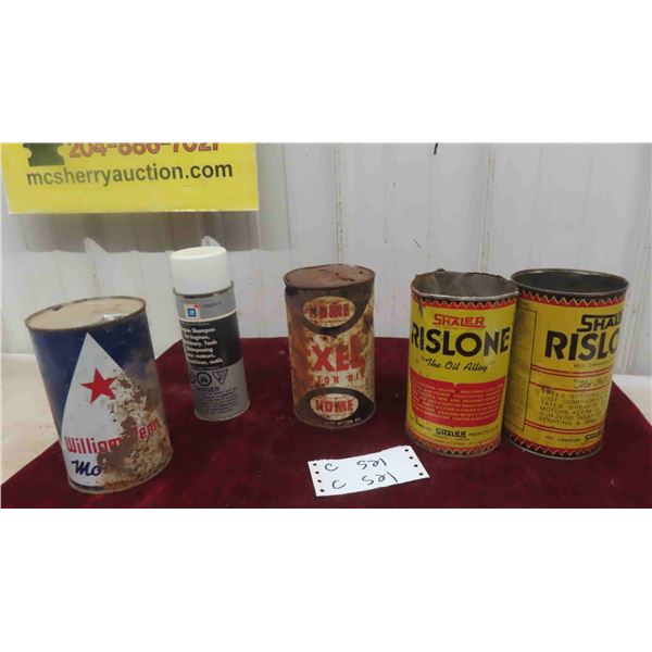 5 Oil Cans : North Star , (2) Shaler Rislone Quart, Rusty Exel , GM Engine 