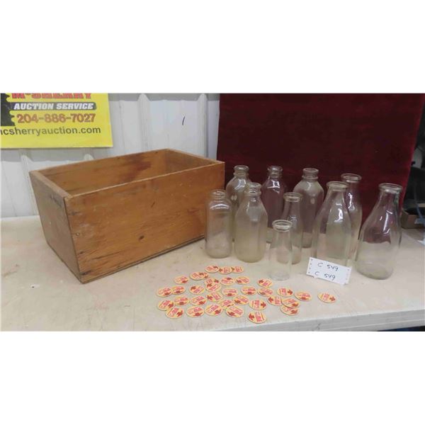 Vintage Milk and Cream Bottles , Cardboard Lids , Wood Crate 20'' x 13 1/4'' x 10'' 