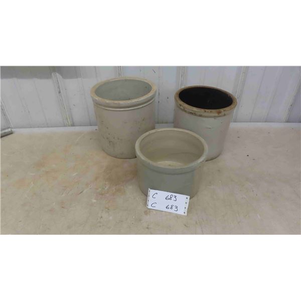 3 Stoneware Crocks - Some Cracks, See Photos