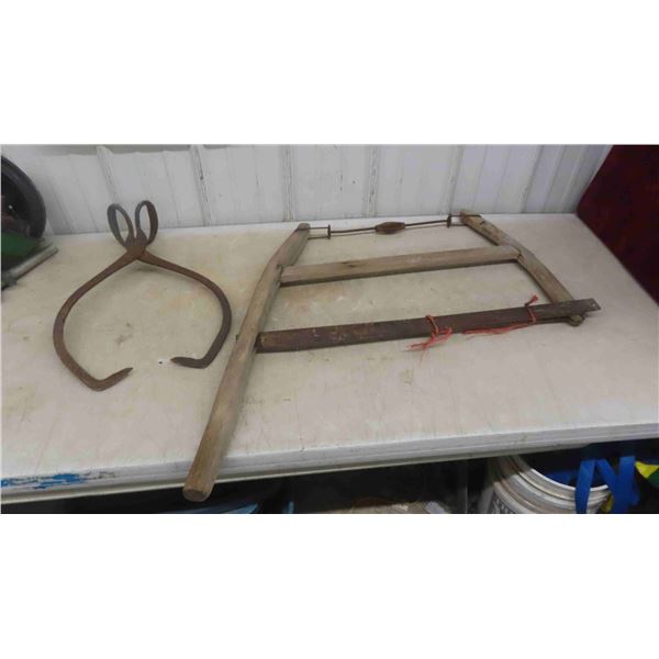 Vintage Bow Saw , Ice Tongs 