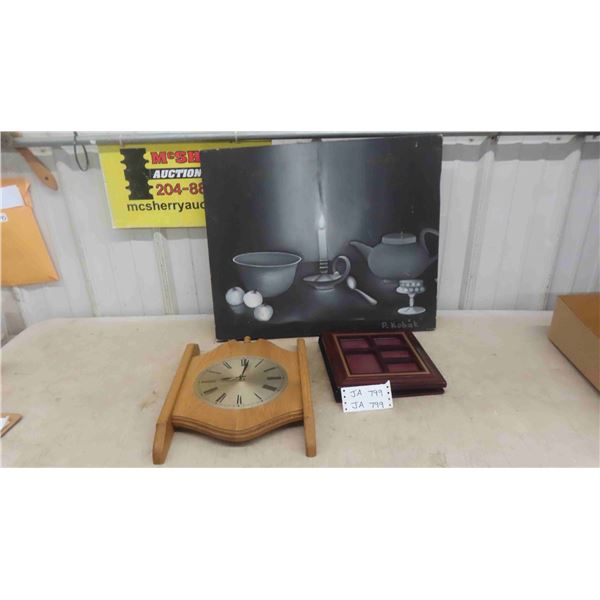 Wood Clock , Wood Photo Album , Black and White Painting on Canvas 24'' x 20'' 