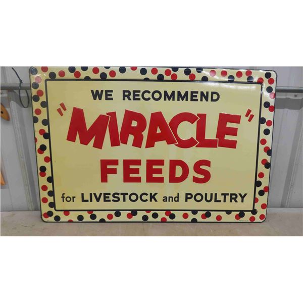 Vintage Porcelain ''Miracle Feeds'' Sign 35'' x 23 1/4'' - Never Hung Up 