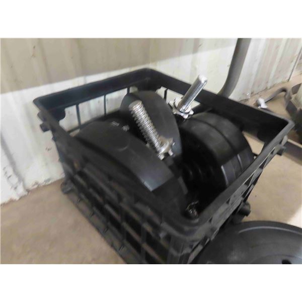Weight Plates, Dumbells & 2 Bars : (2) 25lbs , (2) 15lbs , (2) 10lbs , (2) 40lbs ,