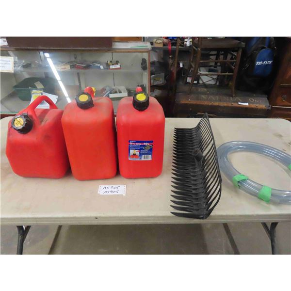 3 Jerry Cans , Rake Head , Clear Hose