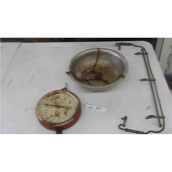 Vintage Buggy Rein Tie Off , Store Counter Hanging Scale with Galvanized Container 