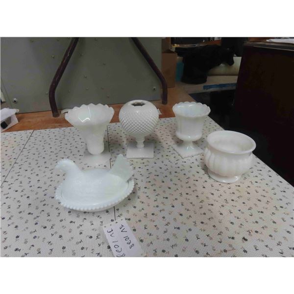 Milk Glass Vases, Hen on Nest (Chip on Base) 