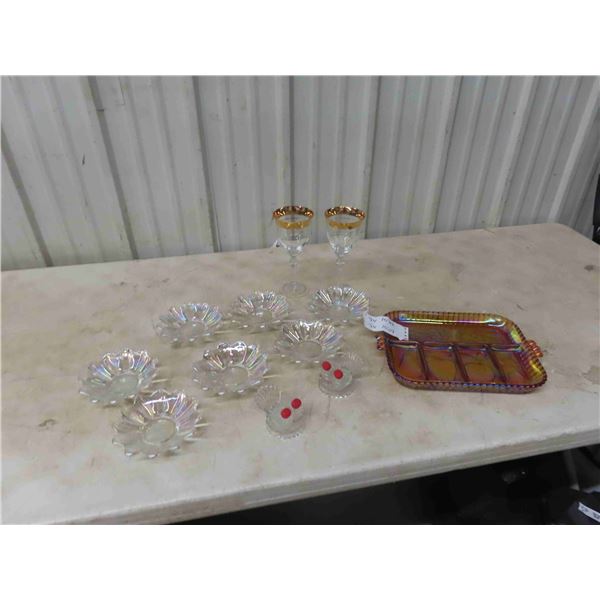 Carnival Glass Tray , Salt and Peppers & Nappy 