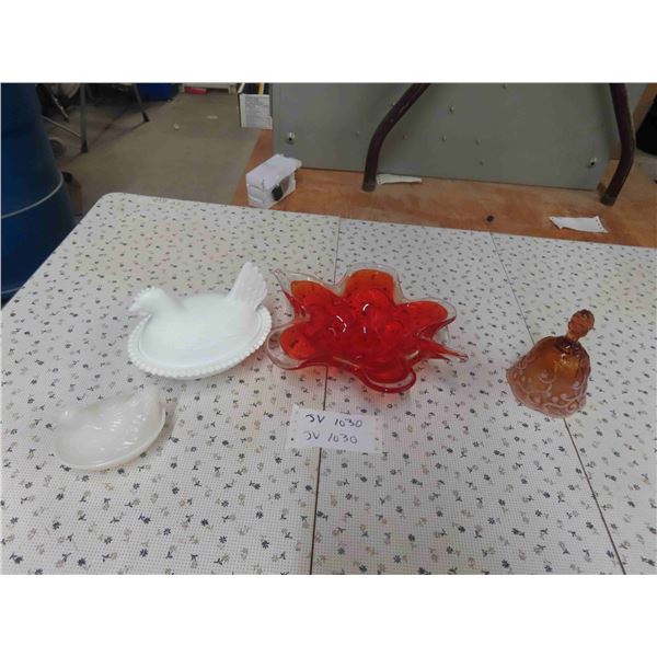 2 Milk Glass Hens on Nest , Blown Glass Center Piece , Plus 