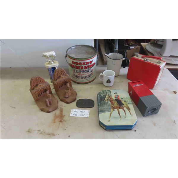 Vintage Metal Lunch Pail , Porcelain 40oz Pitcher, Rogers Syrup Tin, Wood Carved Book 