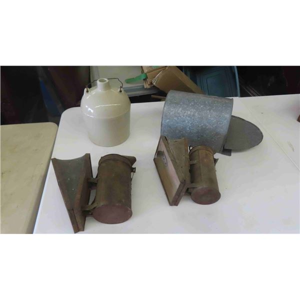 Stoneware Jug , 2 Bee Smokers , Galvanized Mail Box 