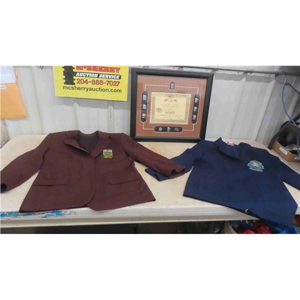 Framed Certificate of Appreciation from The Manitoba Curling Association , 2 Suit Jackets 