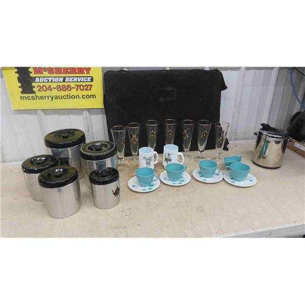 5pce Vintage Canister Set , 4 Melmac Cups with Saucers, Wine Chilling Bucket, 7 