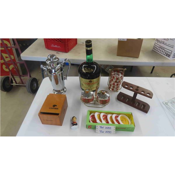 Courvoisier Ice Bucket, 5 Stacking Ashtrays with Stand , Pipe Holder, New Old Stock