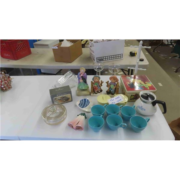 Corningware Tea Pot , Candle Stick Holders , Bisquit Tin , 6 Dorchester Coffee  Mugs, 
