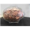 Image 2 : Vintage Pyrex Piggy Bank Full of 8lbs of Pennies , Canada $2 Bill Devil Face