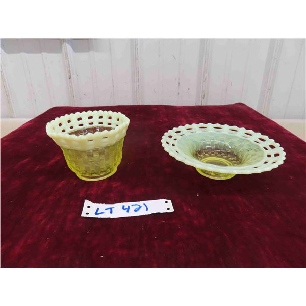 Vintage Vaseline Glass Citrine Green Weave Pattern Candy Dish & Bowl 