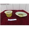 Image 1 : Vintage Vaseline Glass Citrine Green Weave Pattern Candy Dish & Bowl 