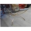 Image 8 : Brass and Glass Coffee Table 17'' H  x 41'' Across & End Table 19 1/2'' x 28'' x 28'' 