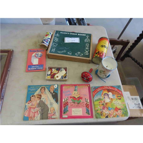 Vintage Toys : Stak Game , Bakelite Game Tokens, Allens Chalk Board, 