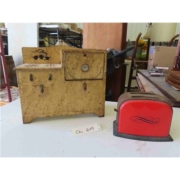 Vintage Childrens Toy Stove 12 1/4'' x 6'' x 10 1/2'' , 2 Slice Toaster 
