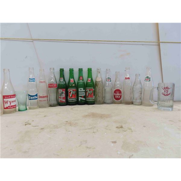 15 Pop Bottles : Red Rock , 7UP , Wynola, Canada Dry, Fanta, 2 