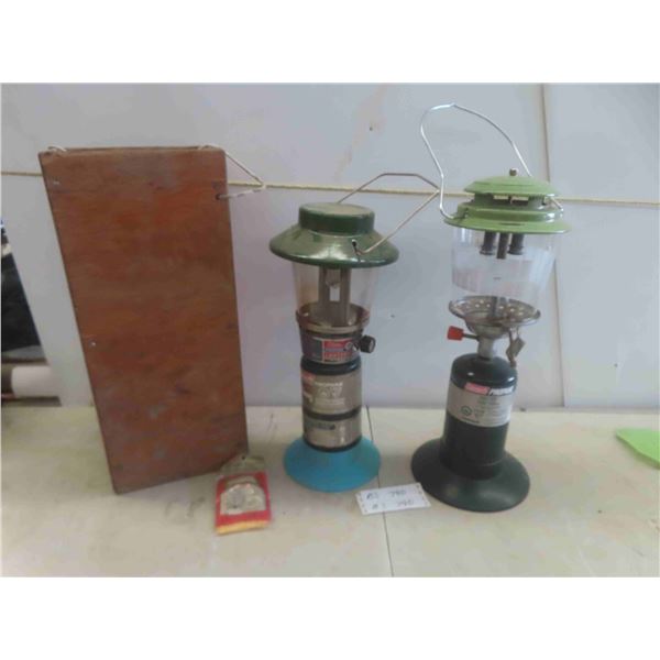 2 Coleman Propane Lanterns , 1 Wood Case