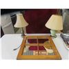 Image 1 : Wood Framed Mirror 22'' x 21'' , 2 Table Lamps 18'' + 19'' Tall