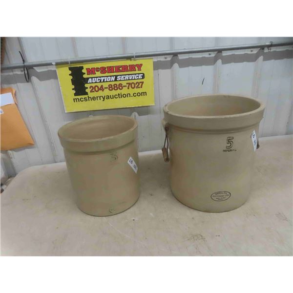 2 Medalta Crocks (1) 3 Gallon (1) 5 Gallon with Handle 