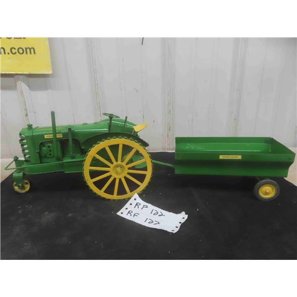 Antique Tin Metal Tractor and Trailer 20'' x 6'' x 6'' (Restored)