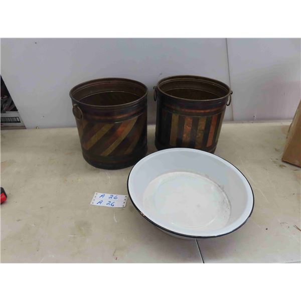 Enamel Basin , 2 Tri-Colour Pots 