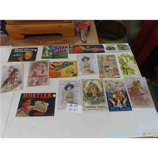 15 Metal Advertising Signs - Largest is 9'' x 6''