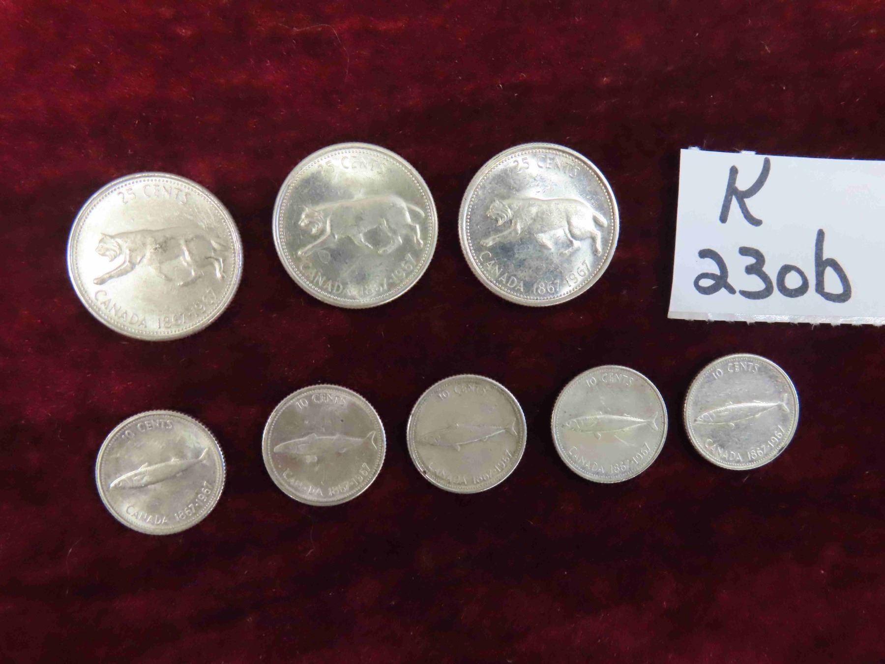 Canadian 1967 Centennial Coins : (3) Quarters , (5) Dimes