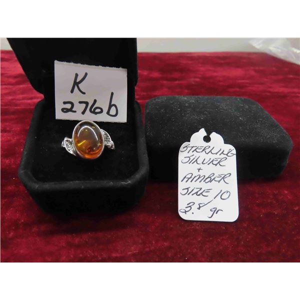 Sterling Silver and Amber Ring Size 10 Total Weight 3.8 Grams 
