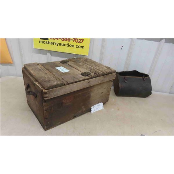 1940s Wood Crate Lunch Box 10'' x 18'' x 12'' , Old Wood and Leather