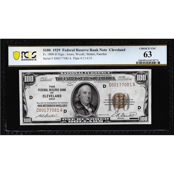 1929 $100 Federal Reserve Bank Note Cleveland Fr.1890-D PCGS Choice Uncirculated 63