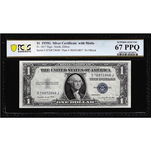 1935G with Motto $1 Silver Certificate Note Fr.1617 PCGS Superb Gem Unc 67PPQ