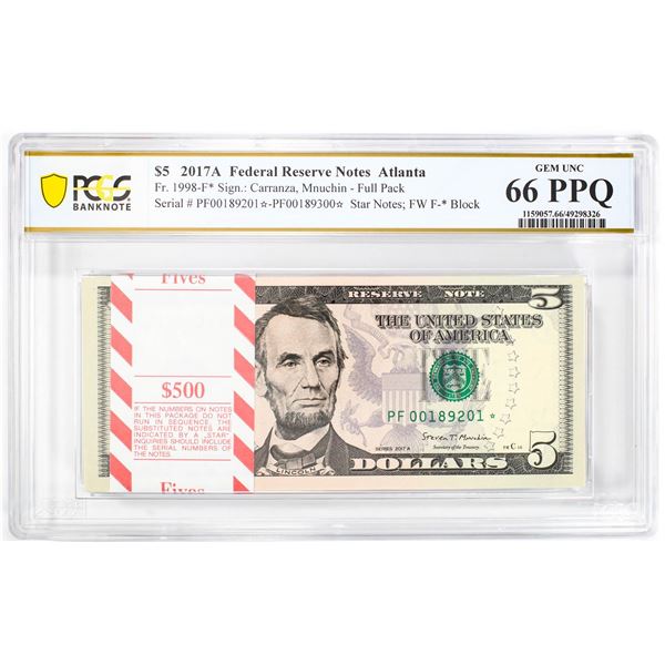 Pack of 2017A $5 Federal Reserve STAR Notes Atlanta Fr.1998-F* PCGS Gem UNC 66PPQ