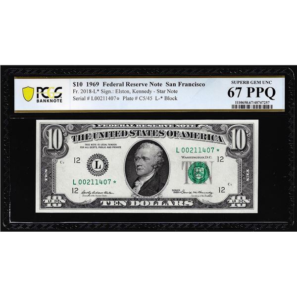 1969 $10 Federal Reserve STAR Note Fr.2018-L* PCGS Superb Gem Unc 67PPQ Top Pop