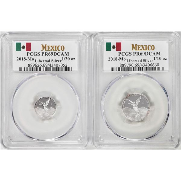 Lot of 2018-Mo Mexico Proof 1/20 and 1/10 oz Silver Libertad Coins PCGS PR69DCAM