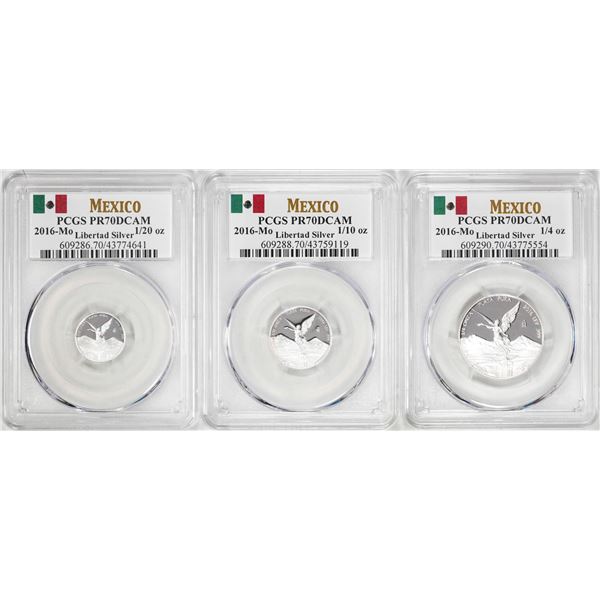 Lot of 2016-Mo Mexico Proof 1/20, 1/10 and 1/4 oz Silver Libertad Coins PCGS PR69DCAM