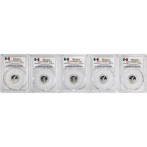 Lot of (5) 2018-Mo Mexico Proof 1/20 oz Silver Libertad Coins PCGS PR69DCAM