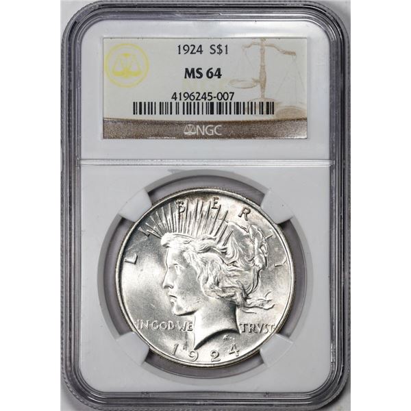 1924 $1 Peace Silver Dollar Coin NGC MS64