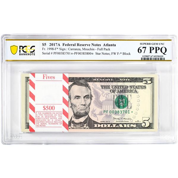 Pack 2017A $5 Federal Reserve STAR Notes Atlanta Fr.1998-F* PCGS Superb Gem UNC 67PPQ