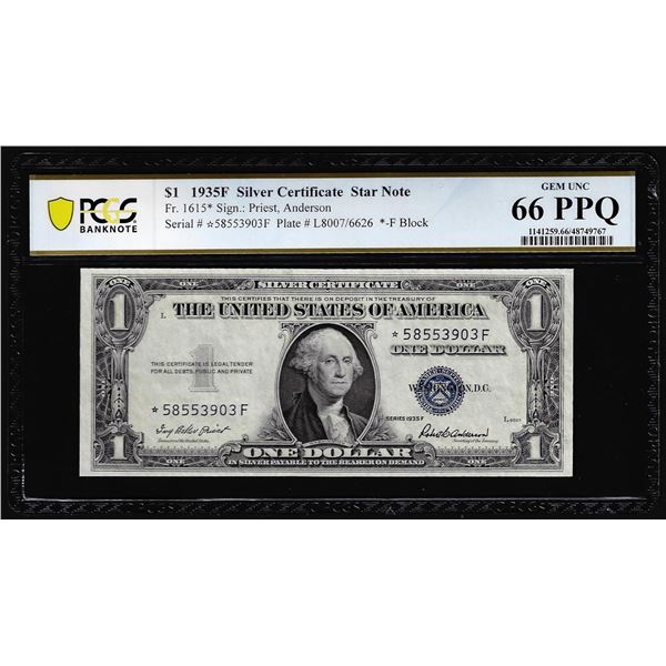 1935F $1 Silver Certificate STAR Note Fr.1615* PCGS Gem Uncirculated 66PPQ