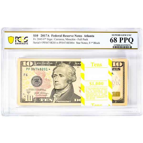 Pack of 2017A $10 Federal Reserve STAR Notes ATL Fr.2045-F* PCGS Superb Gem UNC 68PPQ