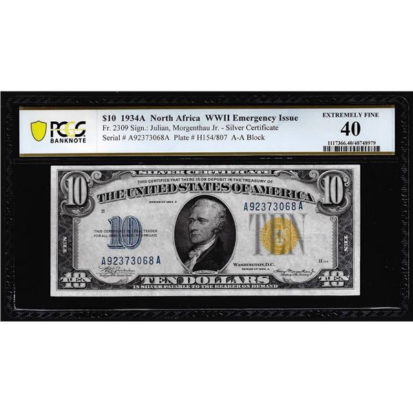 1934A $10 North Africa WWII Emergency Issue Note Fr.2309 PCGS Extremely Fine 40