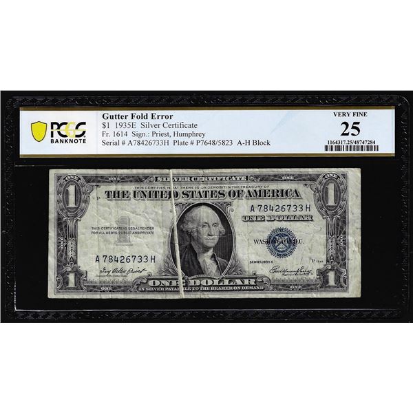 1935E $1 Silver Certificate Note Gutter Fold Error Fr.1614 PCGS Very Fine 25